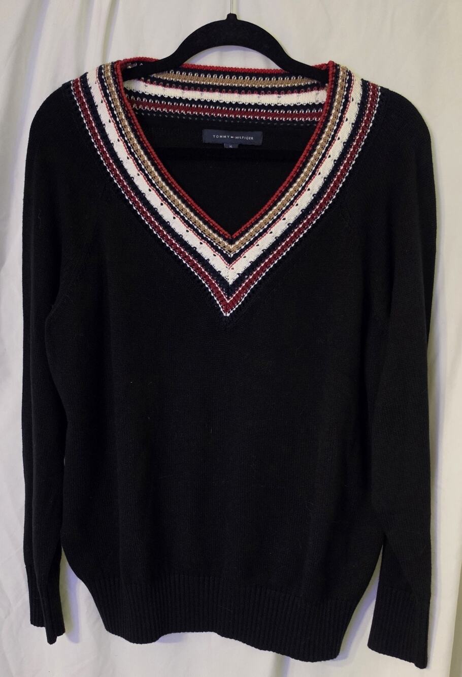 Tommy Hilfiger Women's XL Varisity Stripe V Neck Oversized Sweater Black